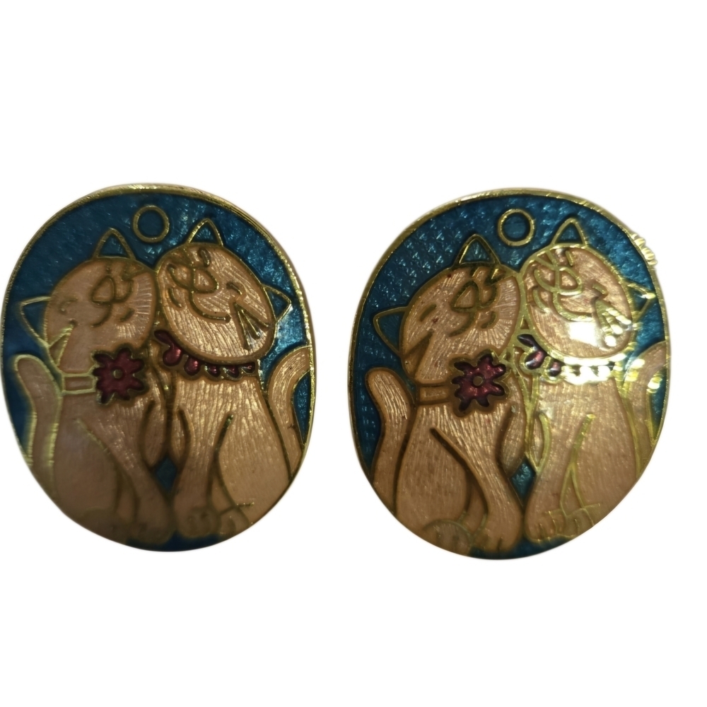 Vintage Gold and Blue Cat Earrings